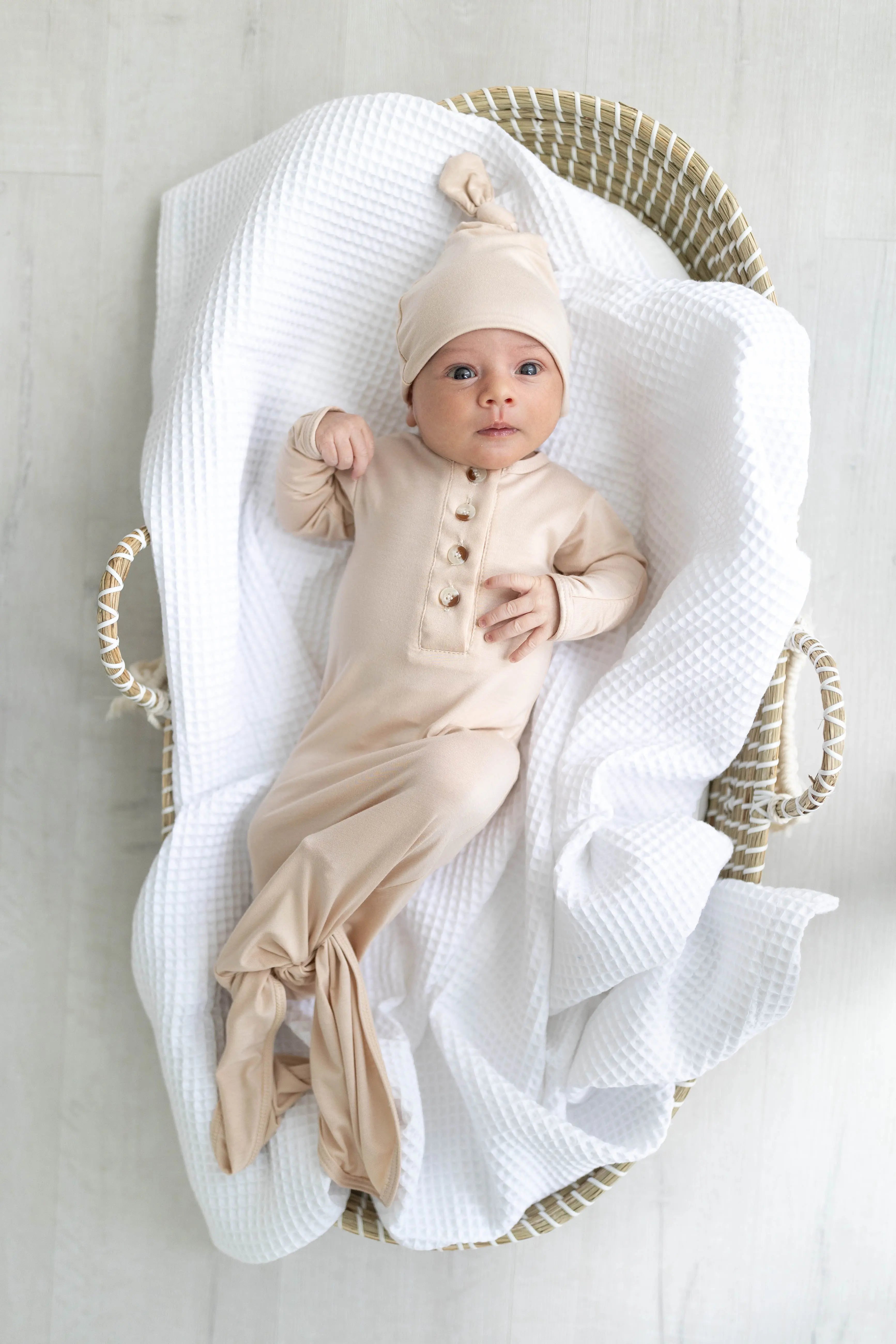 Knotted Baby Gown Set - Gender-Neutral Newborn Clothes - Sand in - Newborn Knotted Baby Gown Sets photo