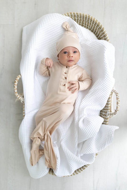Knotted Baby Gown Set - Gender-Neutral Newborn Clothes - Sand in - Newborn Knotted Baby Gown Sets photo