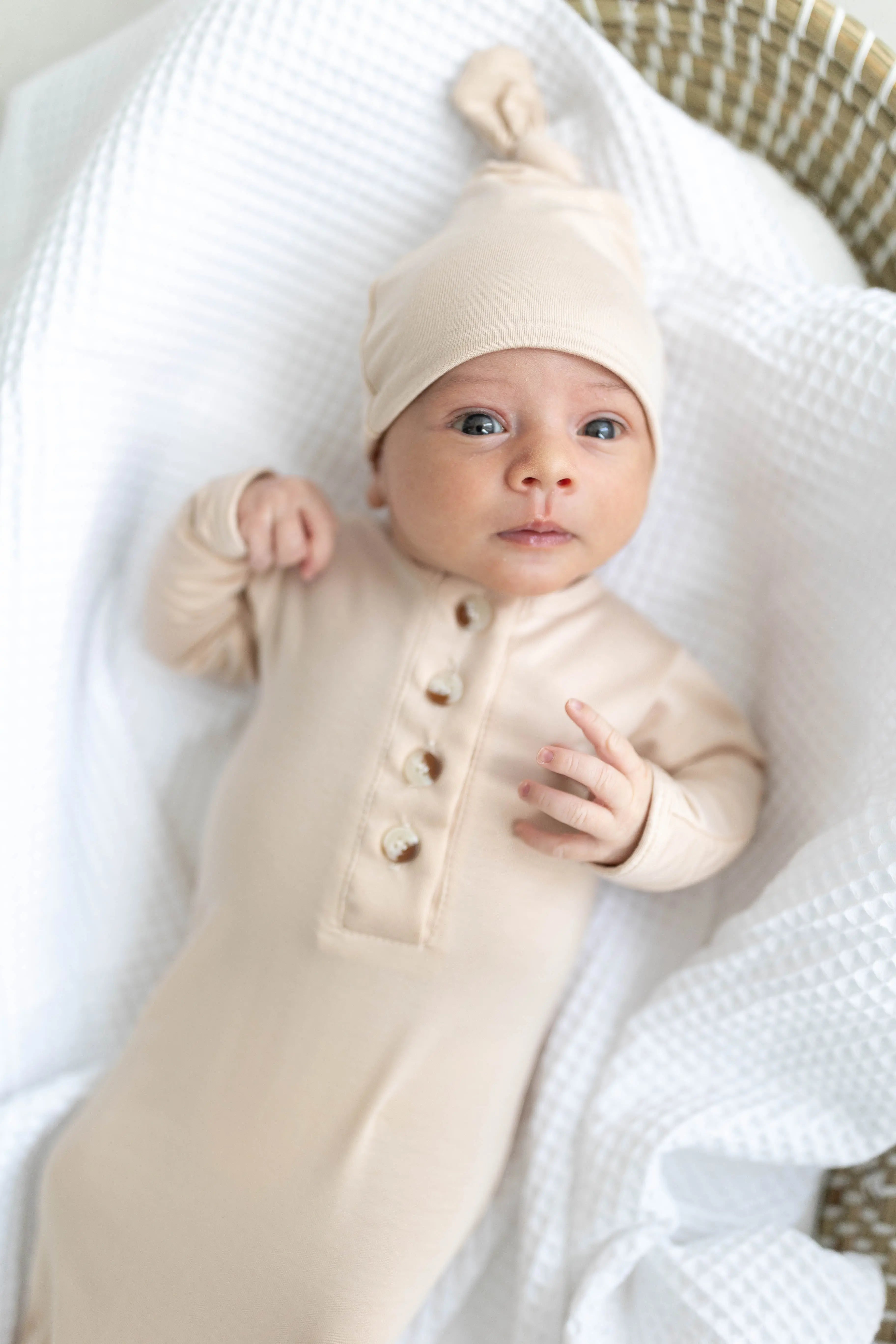 Knotted Baby Gown Set - Gender-Neutral Newborn Clothes - Sand in - Newborn Knotted Baby Gown Sets photo
