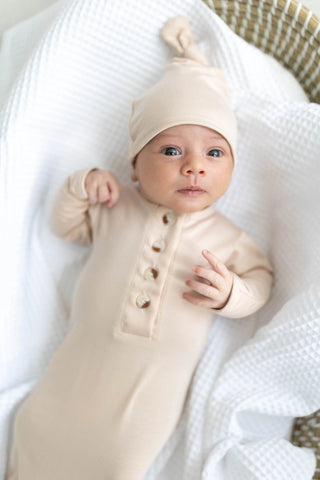 Knotted Baby Gown Set - Gender-Neutral Newborn Clothes - Sand in - Newborn Knotted Baby Gown Sets photo