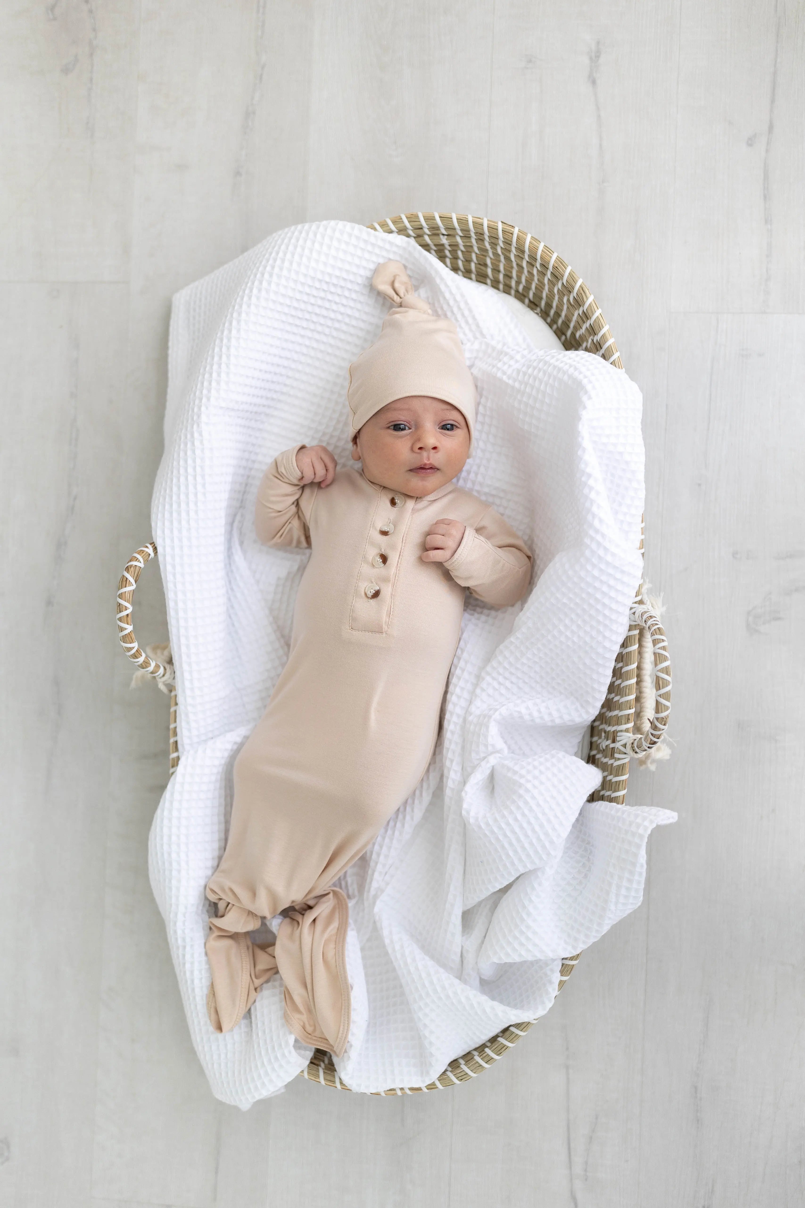 Knotted Baby Gown Set - Gender-Neutral Newborn Clothes - Sand in - Newborn Knotted Baby Gown Sets photo
