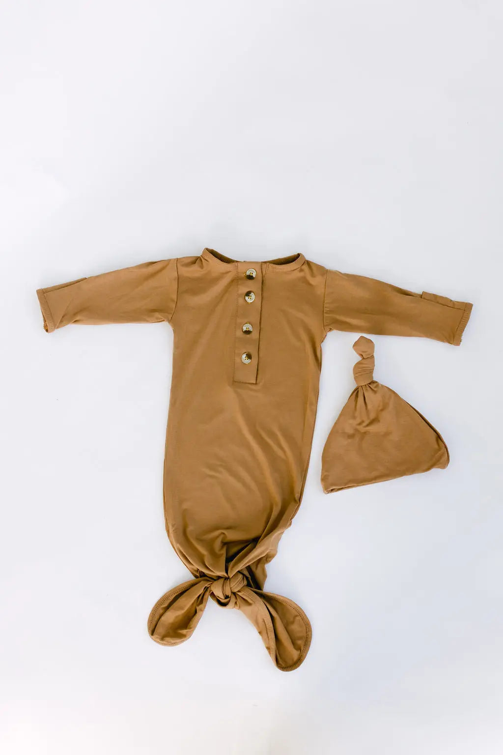 Knotted Baby Gown & Hat Set - Camel Brown (Newborn-3 months) in - Newborn Knotted Baby Gown Sets photo