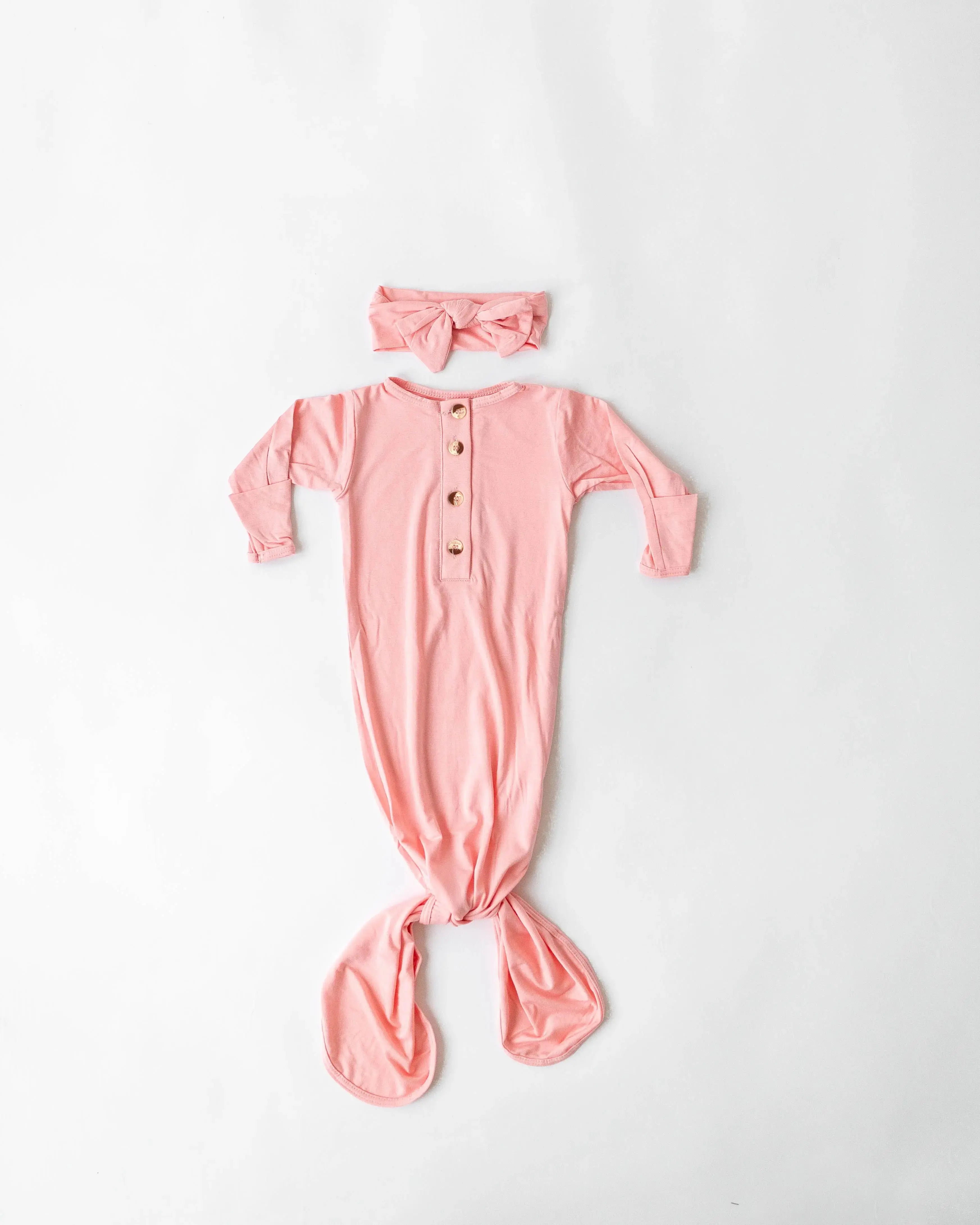 Newborn Knotted Baby Gown and Hat Set with Headband - Pink in - Newborn Knotted Baby Gown Sets photo