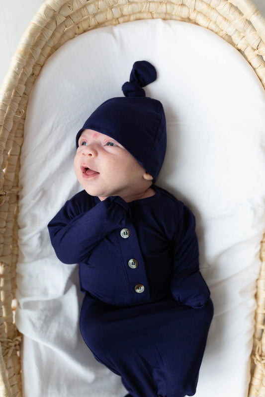 Newborn Knotted Gown and Hat Set Navy Blue, Newborn Clothes for Boys in - Newborn Knotted Baby Gown Sets photo