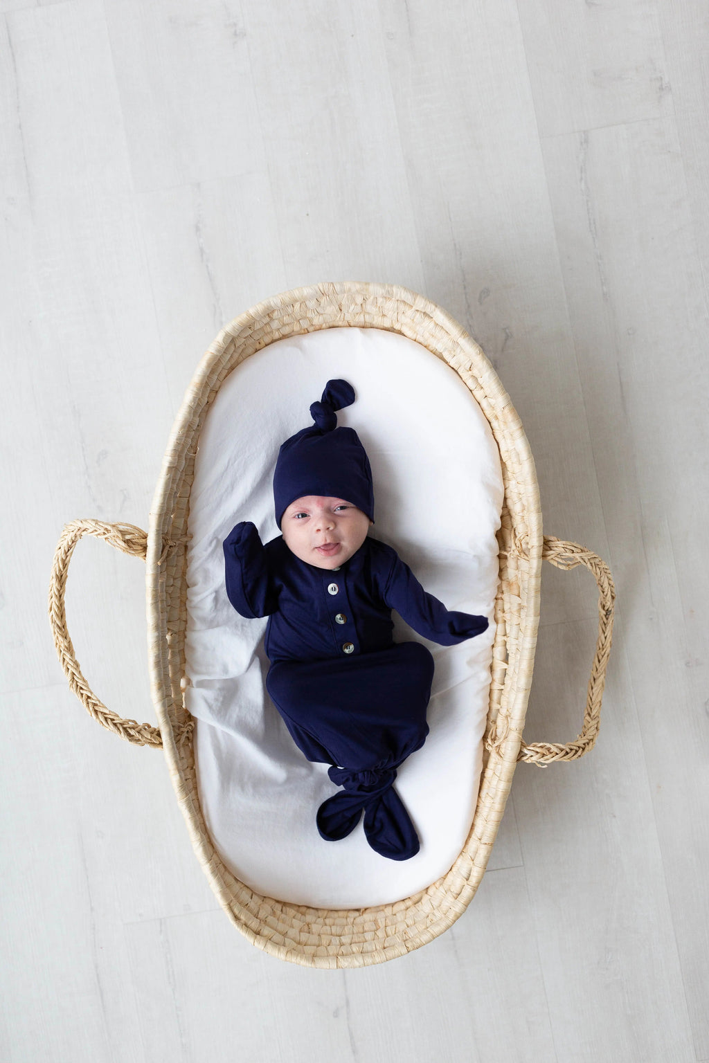 Newborn Knotted Gown and Hat Set Navy Blue, Newborn Clothes for Boys in - Newborn Knotted Baby Gown Sets photo