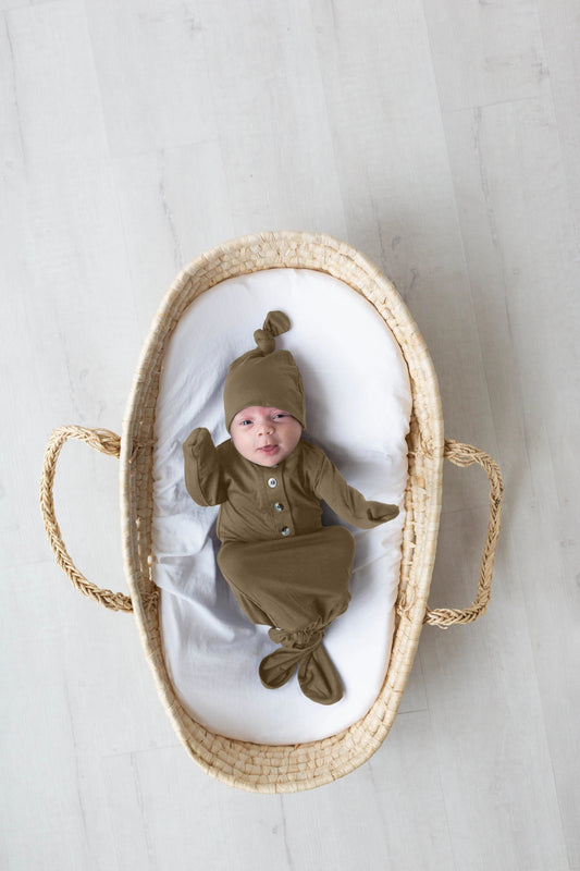 Newborn Knotted Gown and Hat Set Army Green, Olive Green, Newborn Clothes for Boys in - Newborn Knotted Baby Gown Sets photo