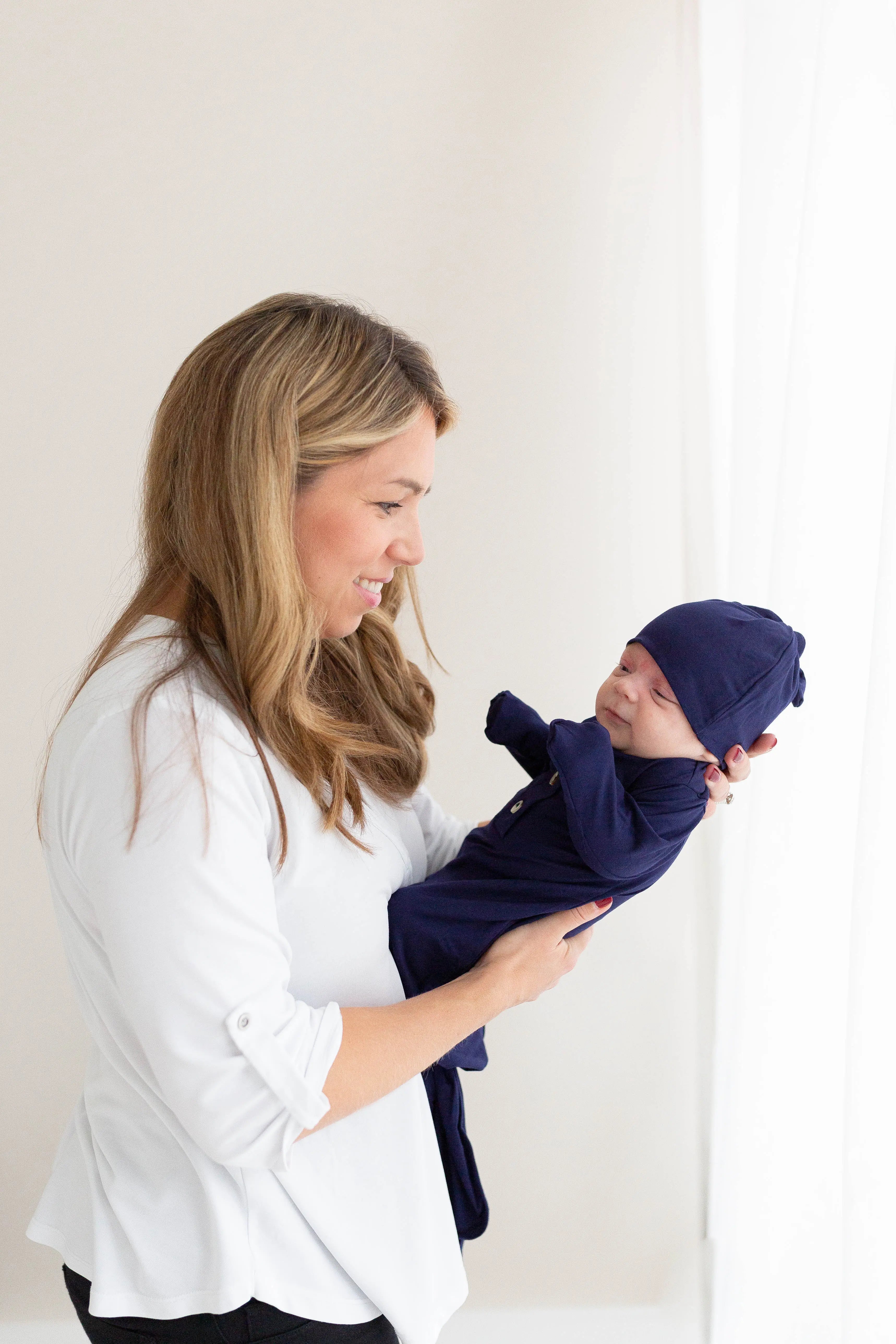 Newborn Knotted Gown and Hat Set Navy Blue, Newborn Clothes for Boys in - Newborn Knotted Baby Gown Sets photo