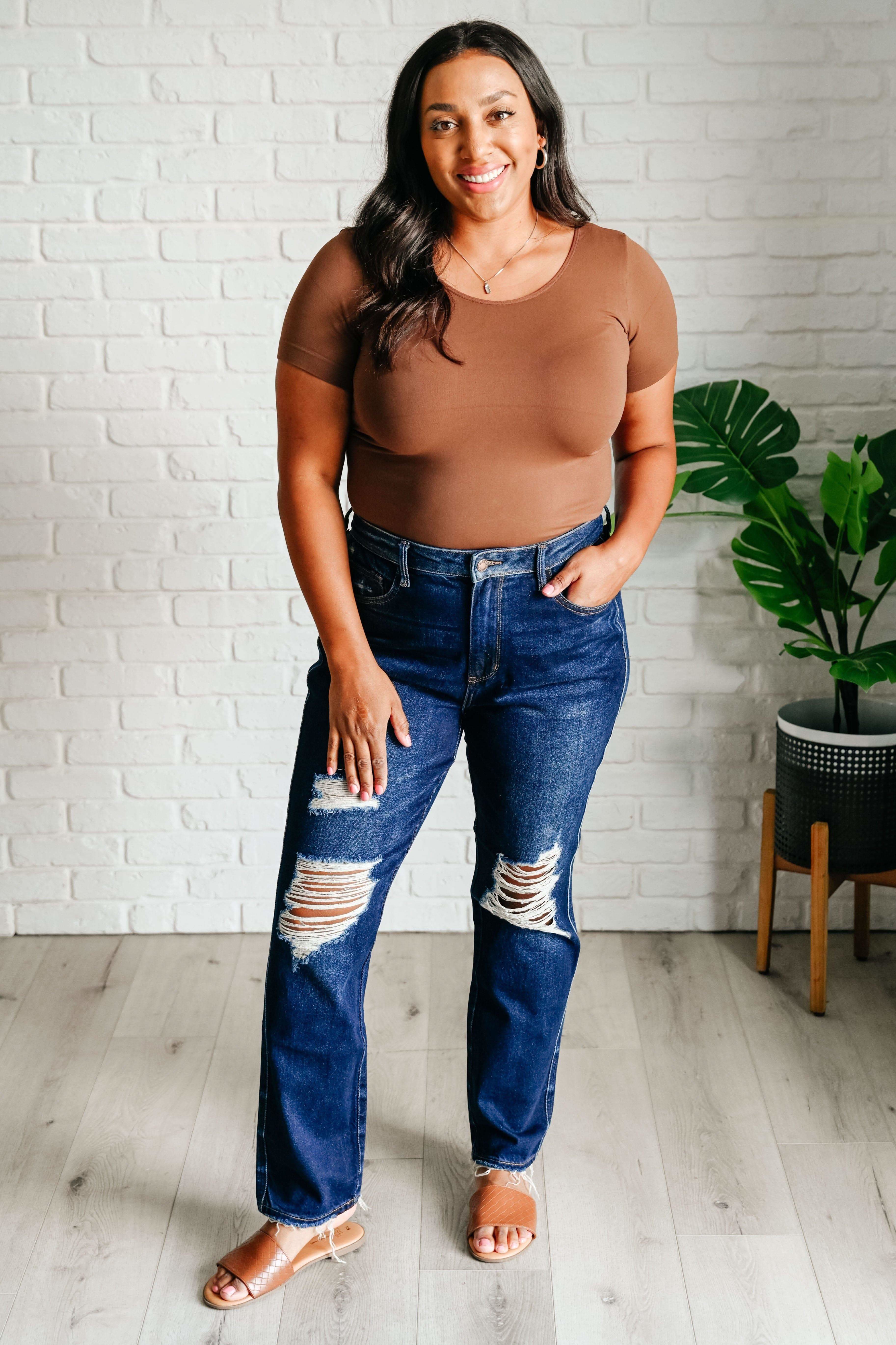 Montana High Rise Rigid Magic Distressed Straight Jeans in - Denim photo
