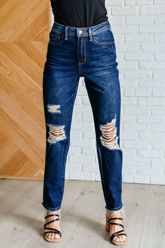 Montana High Rise Rigid Magic Distressed Straight Jeans in - Denim photo