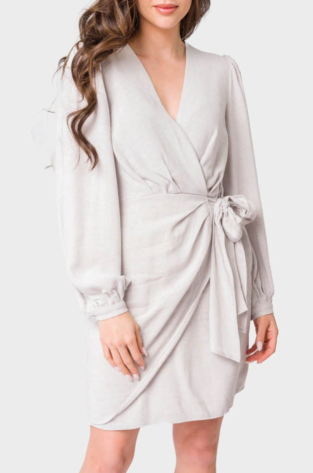 Blouson Sleeve Wrap Linen Dress in Silver - 50, DRESSES, 502, SALE photo