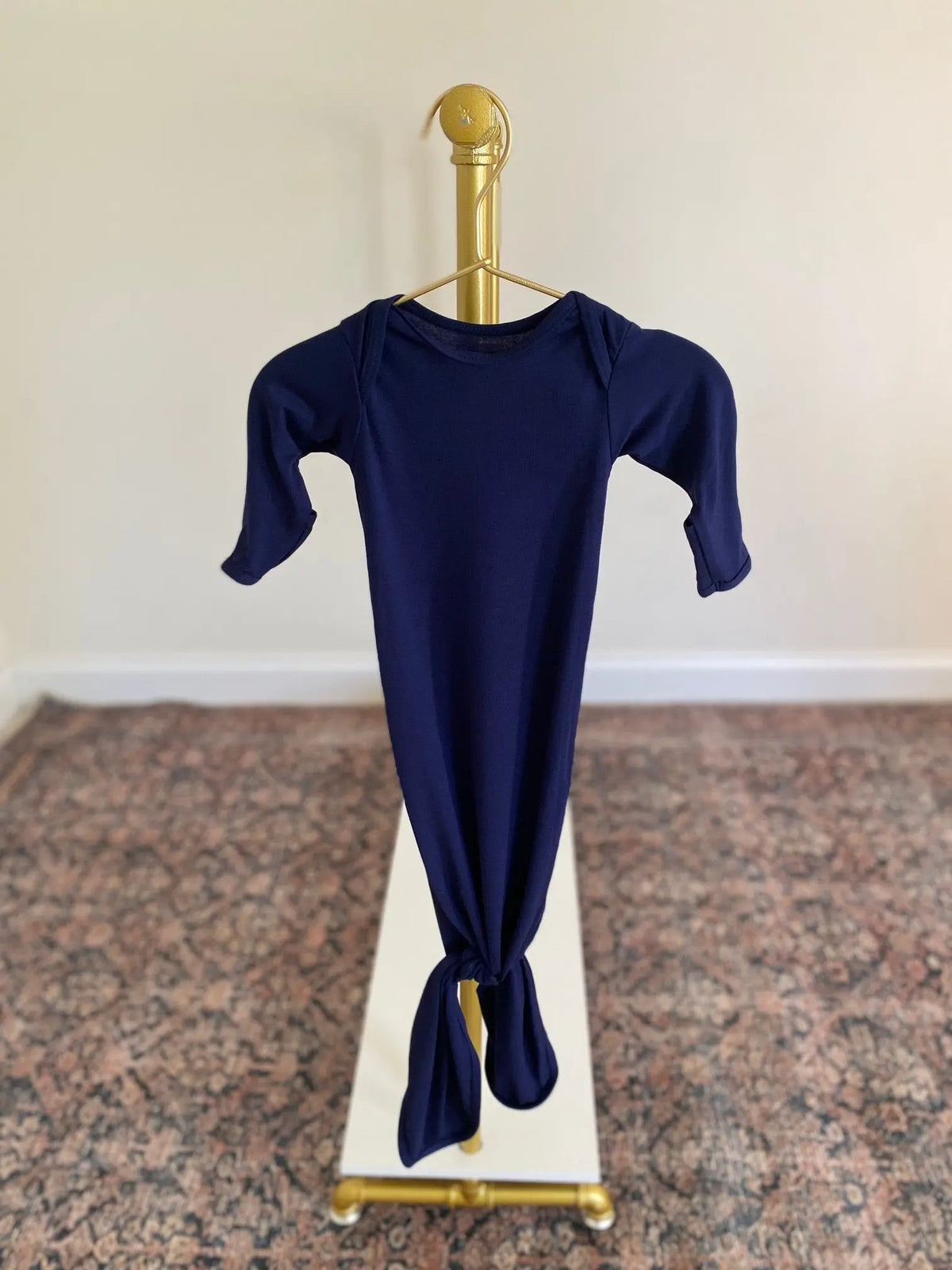 Newborn Knotted Baby Gown and Hat Set - Crew - (Newborn-3 months) Mint, Navy Blue, Pink, Camel Brown in Navy Blue Hat - Newborn Knotted Baby Gown Sets photo