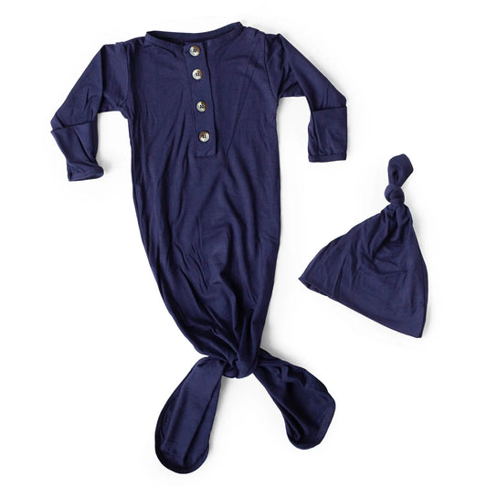 Newborn Knotted Gown and Hat Set Navy Blue, Newborn Clothes for Boys in - Newborn Knotted Baby Gown Sets photo