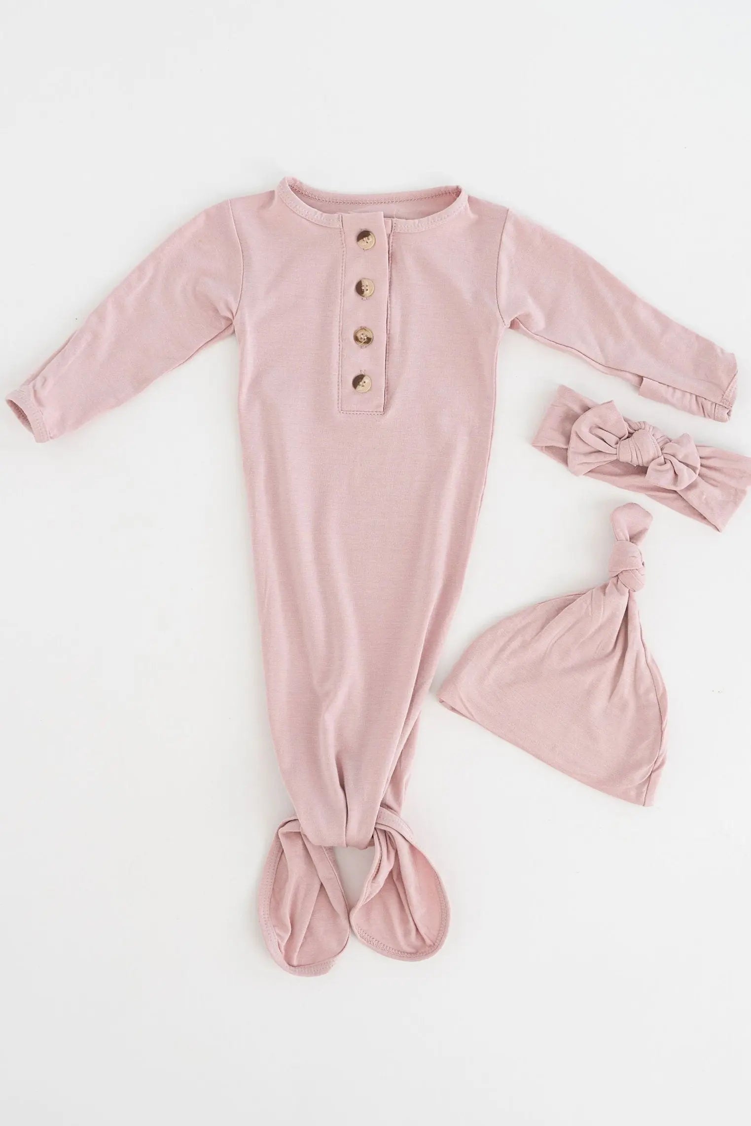 Knotted Baby Gown, Hat, Headband Set – Newborn Baby Girl Outfit - Dusty Rose in - Newborn Knotted Baby Gown Sets photo