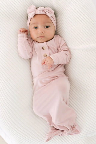 Knotted Baby Gown, Hat, Headband Set – Newborn Baby Girl Outfit - Dusty Rose in - Newborn Knotted Baby Gown Sets photo