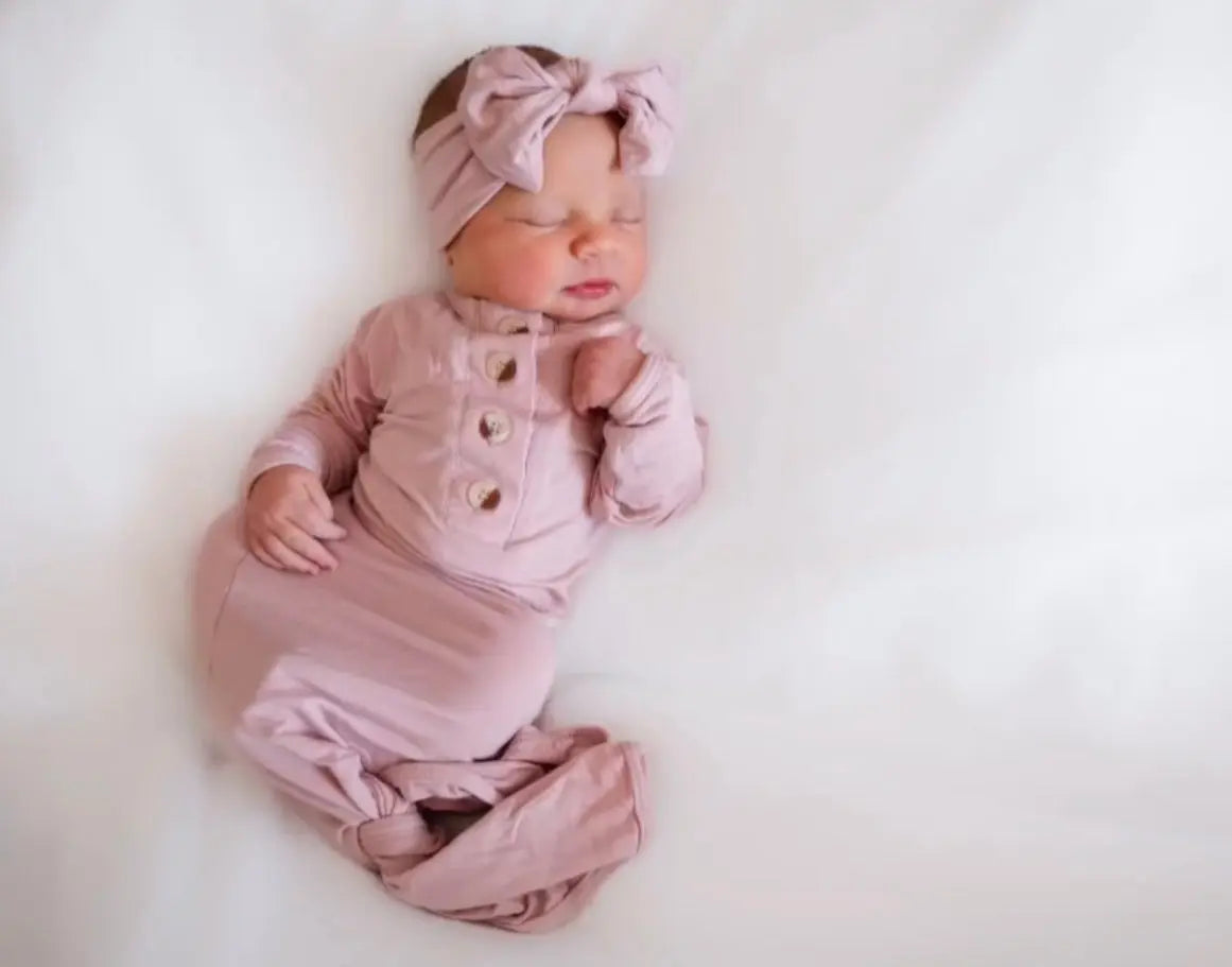 Knotted Baby Gown, Hat, Headband Set – Newborn Baby Girl Outfit - Dusty Rose in - Newborn Knotted Baby Gown Sets photo