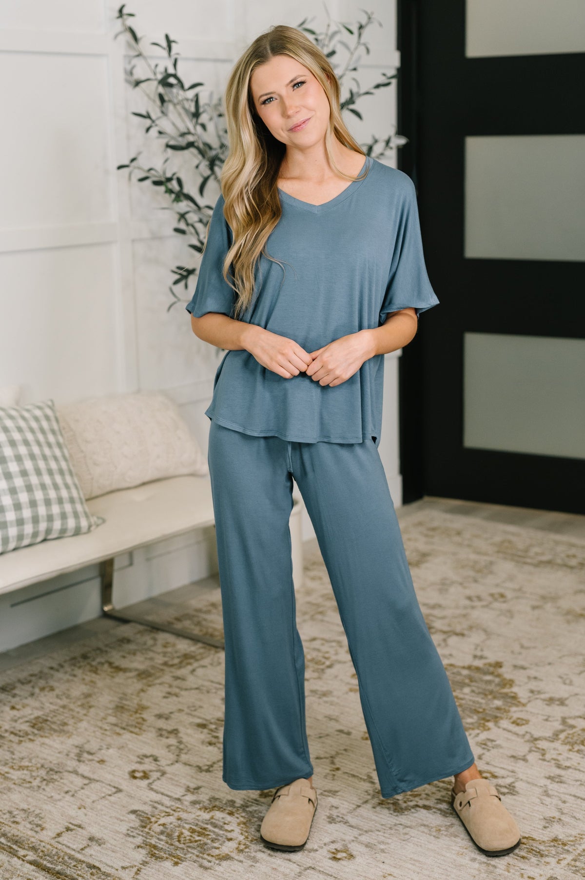 Ol' Reliable Top and Bottom Lounge Set in Dusty Blue in - Womens photo