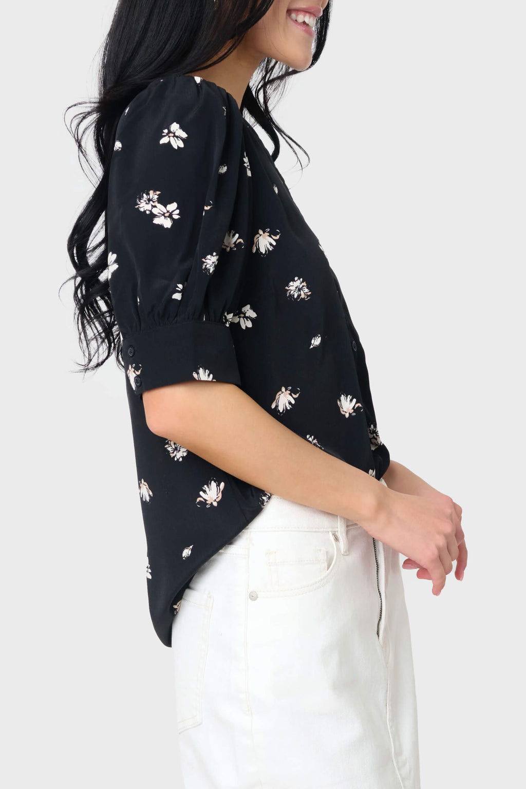 Woven Henley Blouse with Puff Sleeve in - 15, WOVEN TOPS, 151, SALE photo