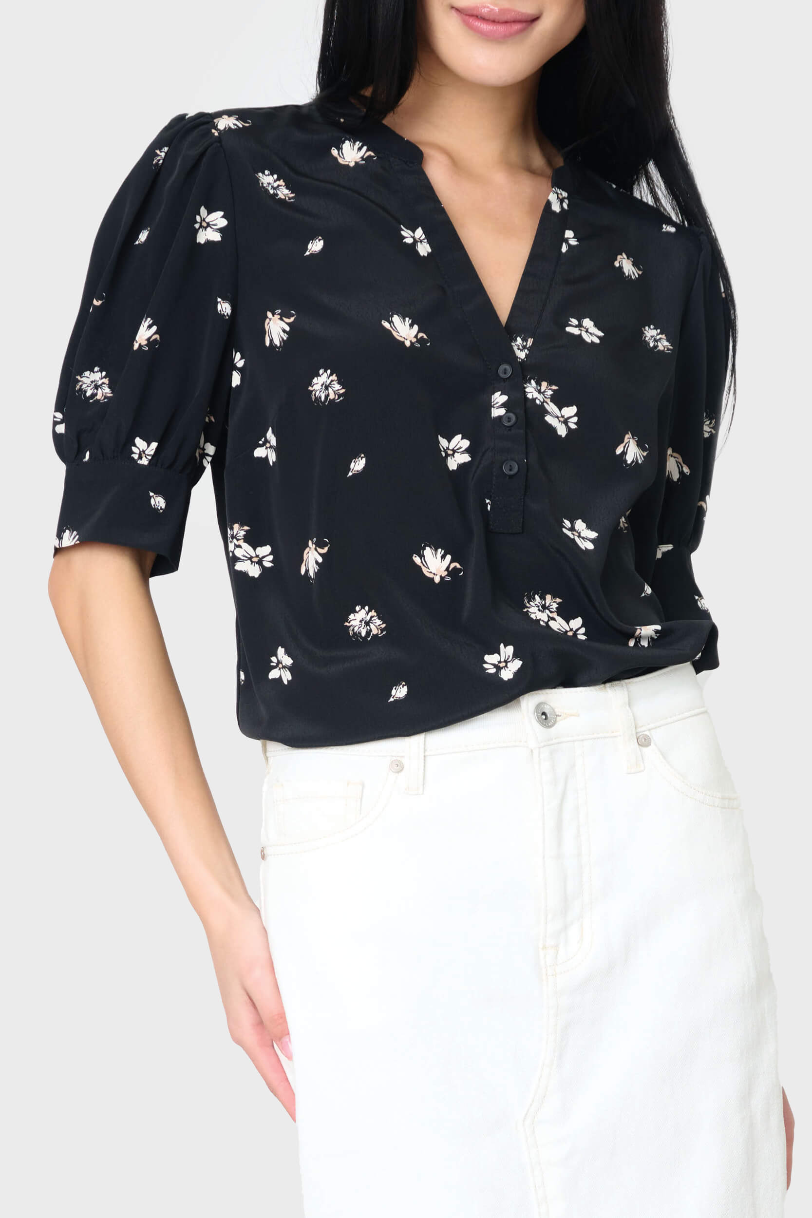 Woven Henley Blouse with Puff Sleeve in Black Floral - 15, WOVEN TOPS, 151, SALE photo