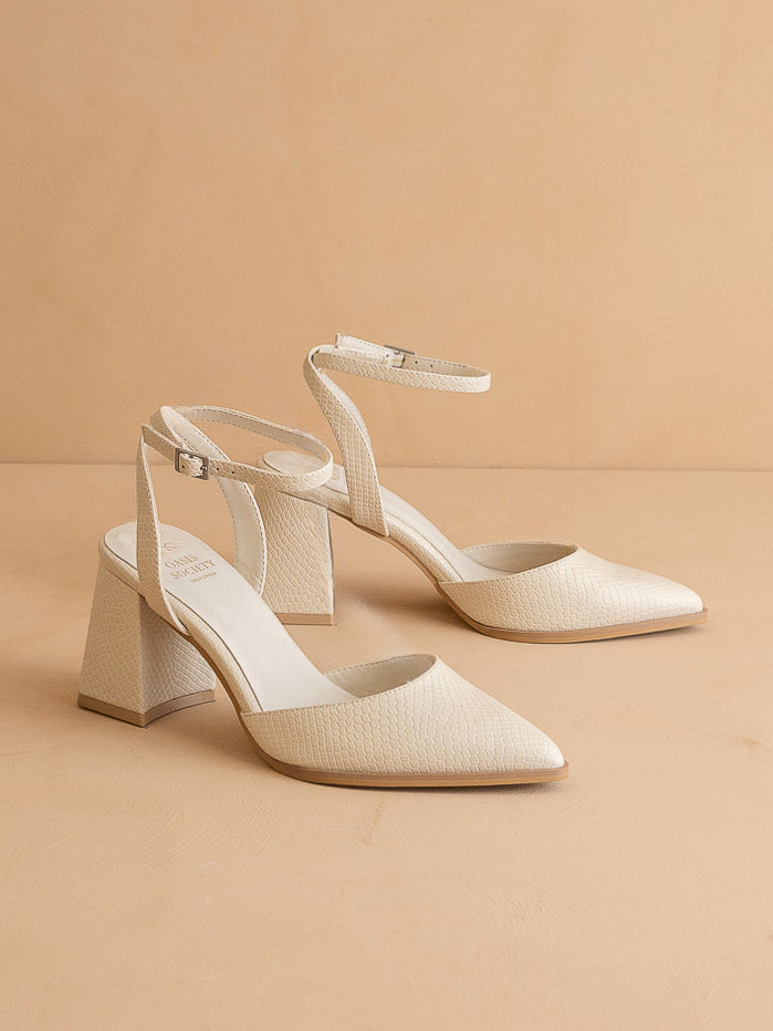 The Princess | White Pointed Toe Bridal Block Heel with Ankle Strap in - HEELS photo