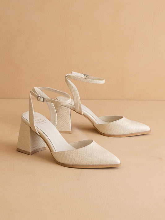 The Princess | White Pointed Toe Bridal Block Heel with Ankle Strap in - HEELS photo