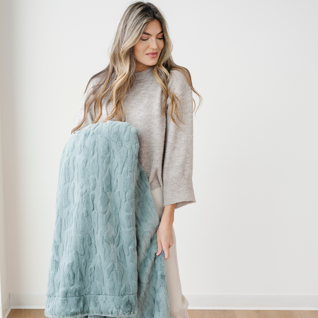 PATTERNED FAUX FUR THROW BLANKETS in Eucalyptus - Throw Blanket photo
