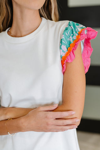 Petals & Poise Floral Flutter Sleeve Top in White in - Womens photo