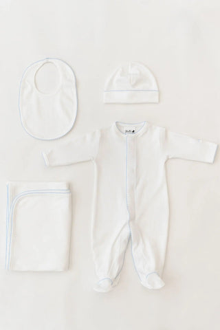 Stroller Society Premium Pima Cotton Newborn Set in White Baby Blue Trim NB - Onesies photo