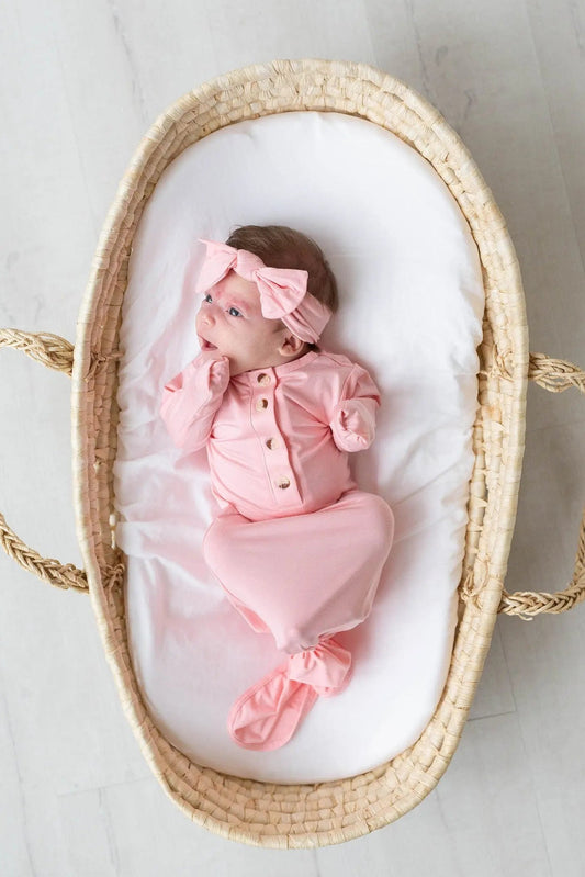 Newborn Knotted Baby Gown and Hat Set with Headband - Pink in - Newborn Knotted Baby Gown Sets photo