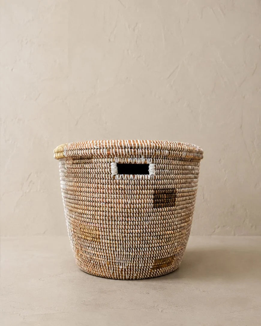 Handwoven Wolof Storage Basket | White & Gray | Senegal