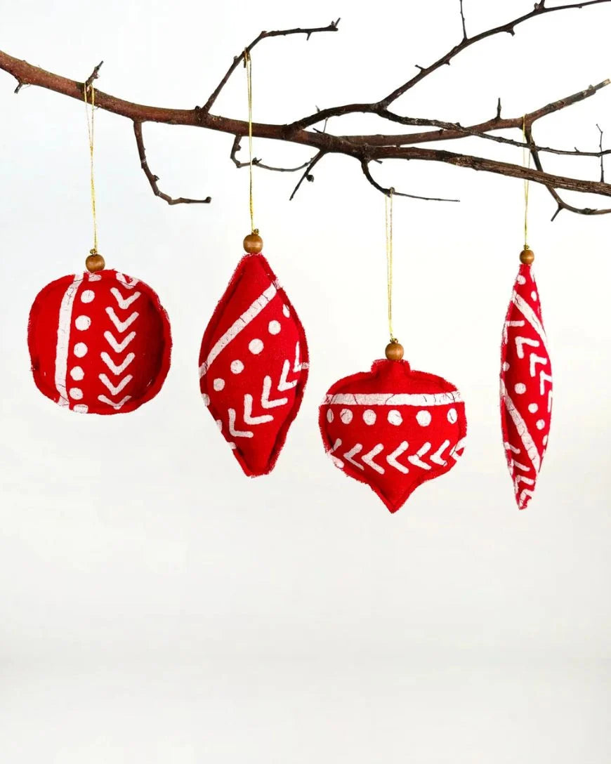 African Batik Red Finial Christmas Ornaments – Set of 4