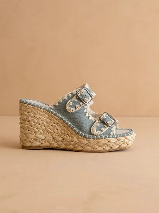The Rae | Slate Blue Embroidered Espadrille Wedges With Double Buckle Straps *FINAL SALE* in - WEDGE photo