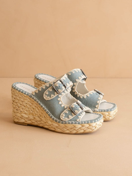 The Rae | Slate Blue Embroidered Espadrille Wedges With Double Buckle Straps *FINAL SALE* in - WEDGE photo