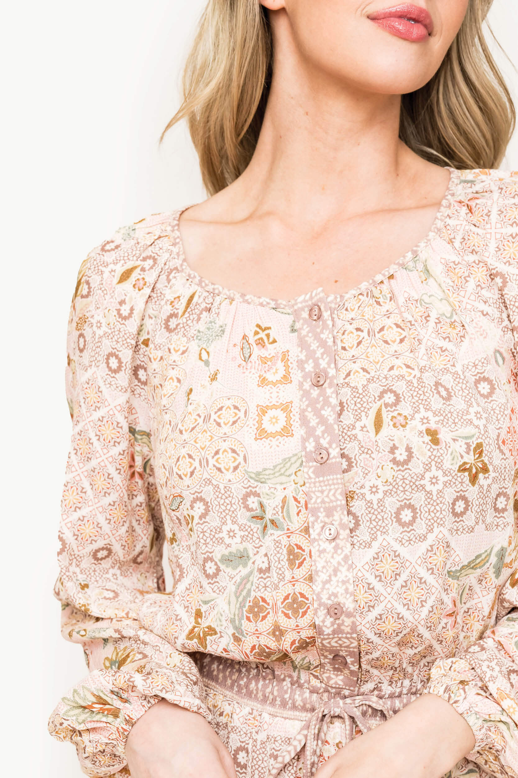Boho Mixed Print Drawstring Ruffle Dress in - 50, DRESSES, 502, SALE photo