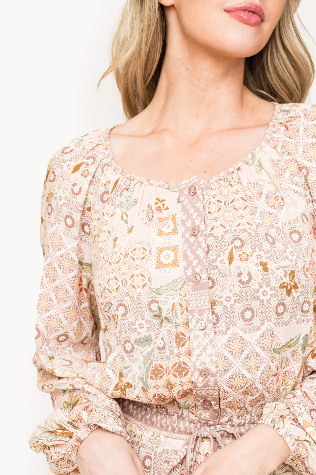Boho Mixed Print Drawstring Ruffle Dress in - 50, DRESSES, 502, SALE photo
