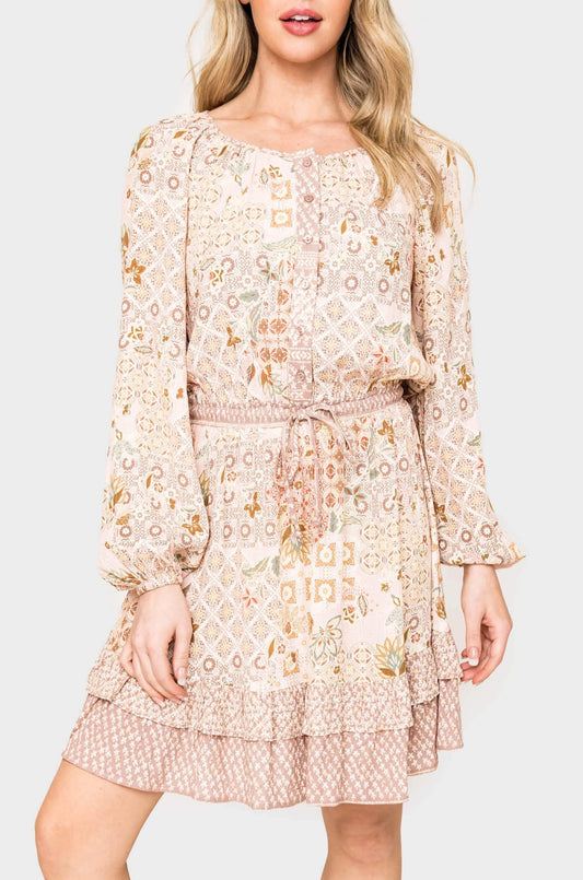 Boho Mixed Print Drawstring Ruffle Dress in Blush Mauve Combo - 50, DRESSES, 502, SALE photo