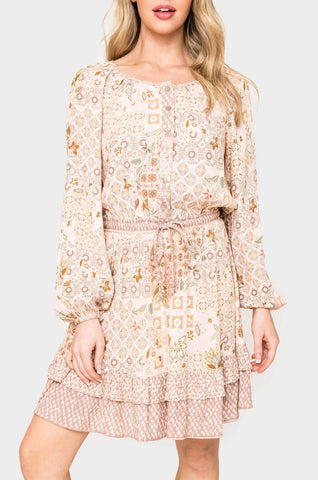 Boho Mixed Print Drawstring Ruffle Dress in Blush Mauve Combo - 50, DRESSES, 502, SALE photo