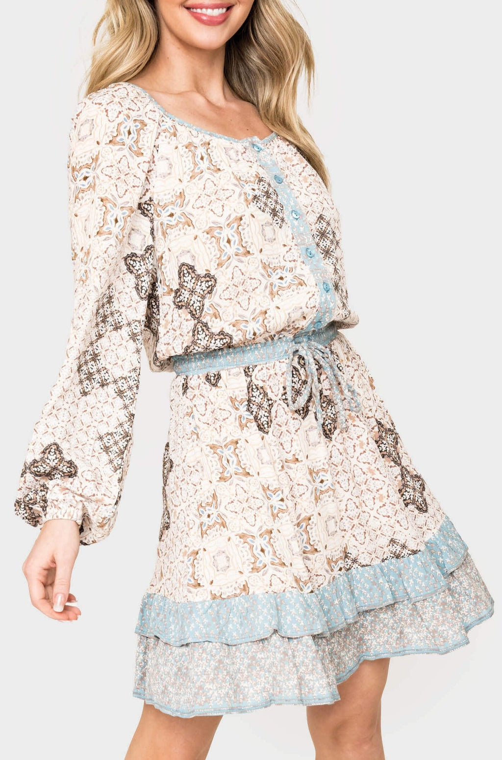 Boho Mixed Print Drawstring Ruffle Dress in Taupe Seafoam Combo - 50, DRESSES, 502, SALE photo