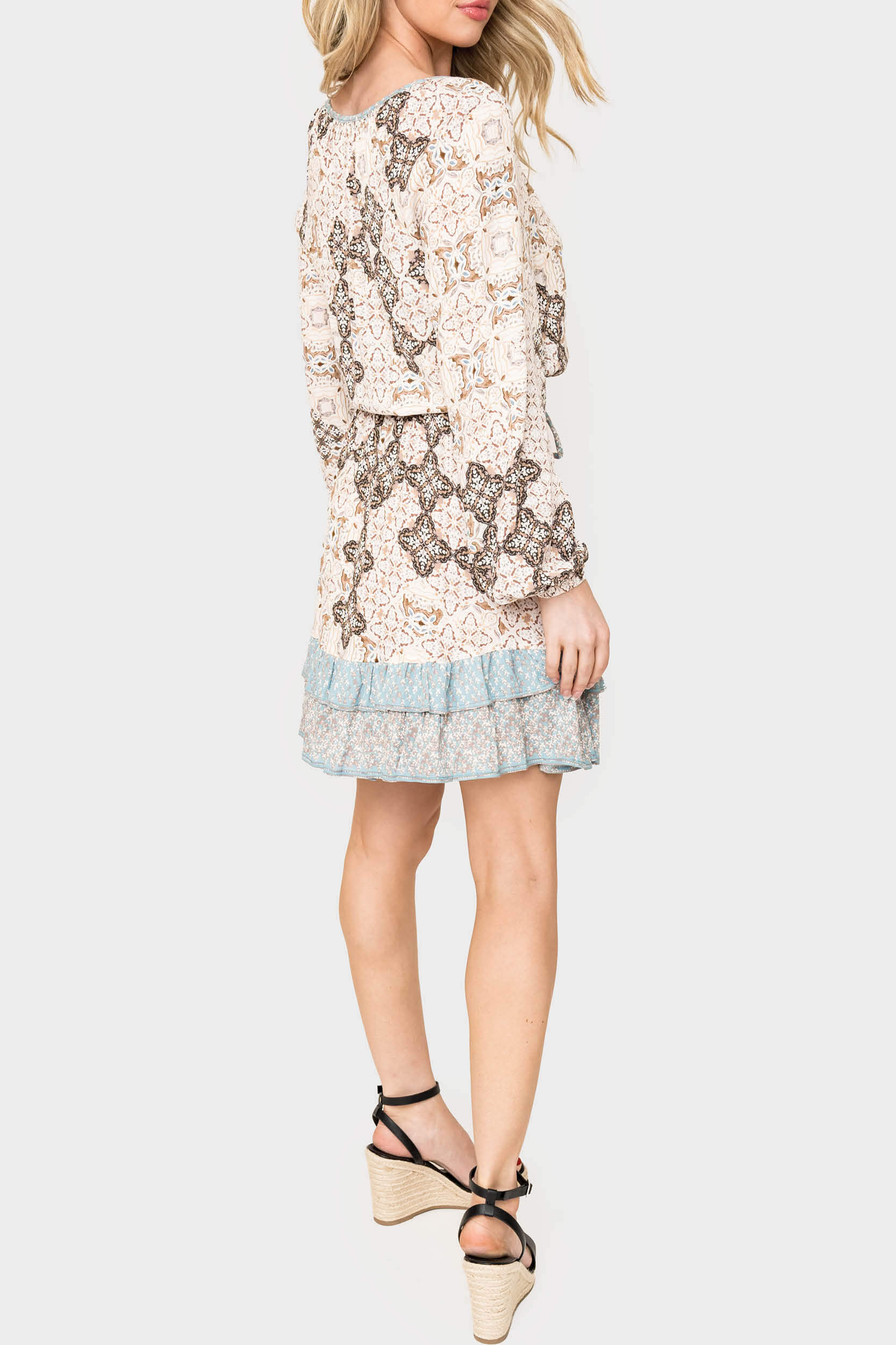 Boho Mixed Print Drawstring Ruffle Dress in - 50, DRESSES, 502, SALE photo