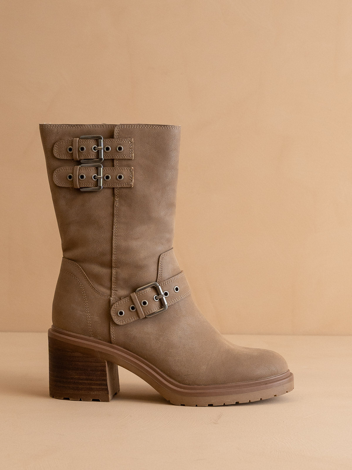 The Rider | Dark Taupe Mid-Calf Moto Boot in Dark Taupe - BOOTS & BOOTIES photo