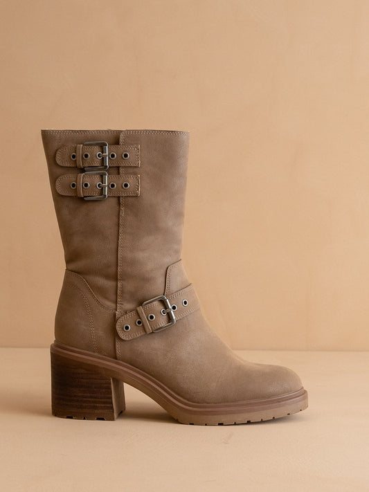 The Rider | Dark Taupe Mid-Calf Moto Boot in Dark Taupe - BOOTS & BOOTIES photo