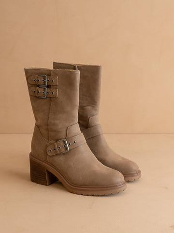 The Rider | Dark Taupe Mid-Calf Moto Boot in Dark Taupe - BOOTS & BOOTIES photo
