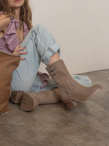 The Rider | Dark Taupe Mid-Calf Moto Boot in Dark Taupe - BOOTS & BOOTIES photo