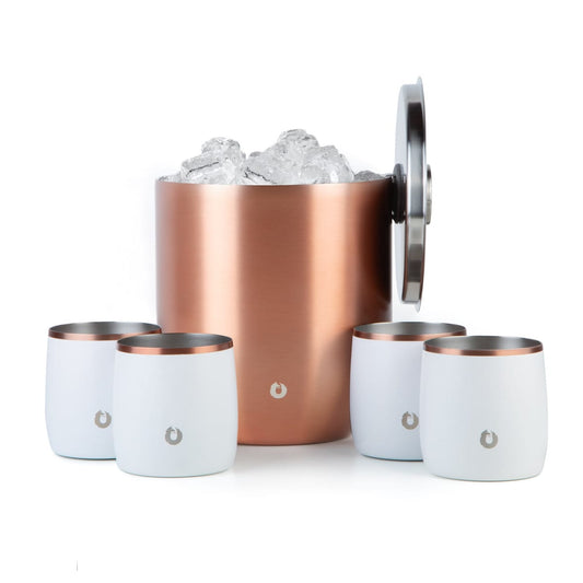 Stainless Steel Ice Bucket with Rocks Glass Set, Gold and White in GoldandWhite - Barware photo