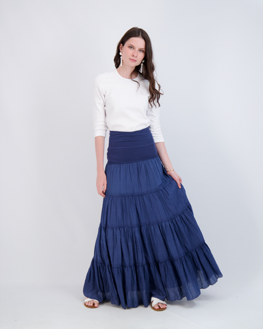 Ladies Tiered Maxi Gauze Skirt in Denim - Ladies Skirt photo