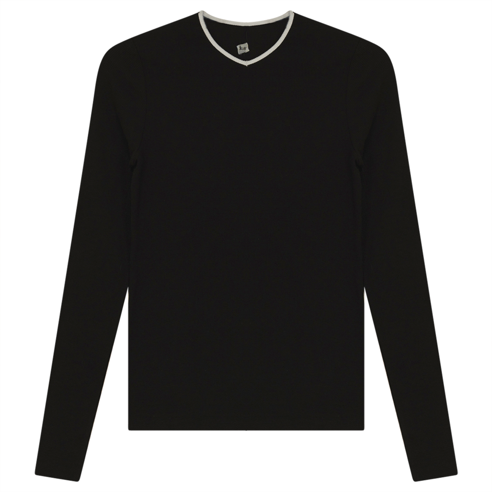 V-Neck Ribbed Tee in Black White 5XL - Ladies Pullover photo