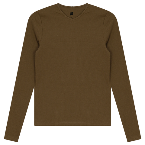 V-Neck Ribbed Tee in Light Taupe - Ladies Pullover photo