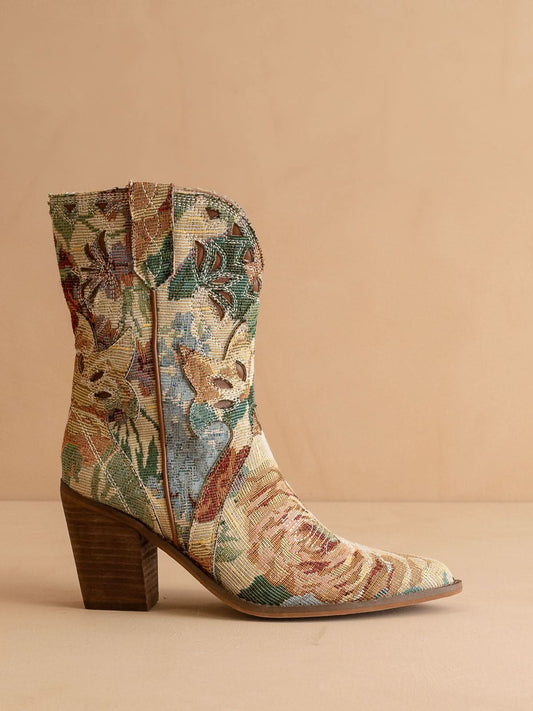 The Sorrel | Vintage Floral Tapestry Print Western Cowgirl Bootie in Floral - BOOTS & BOOTIES photo
