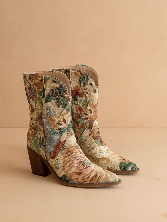 The Sorrel | Vintage Floral Tapestry Print Western Cowgirl Bootie in Floral - BOOTS & BOOTIES photo