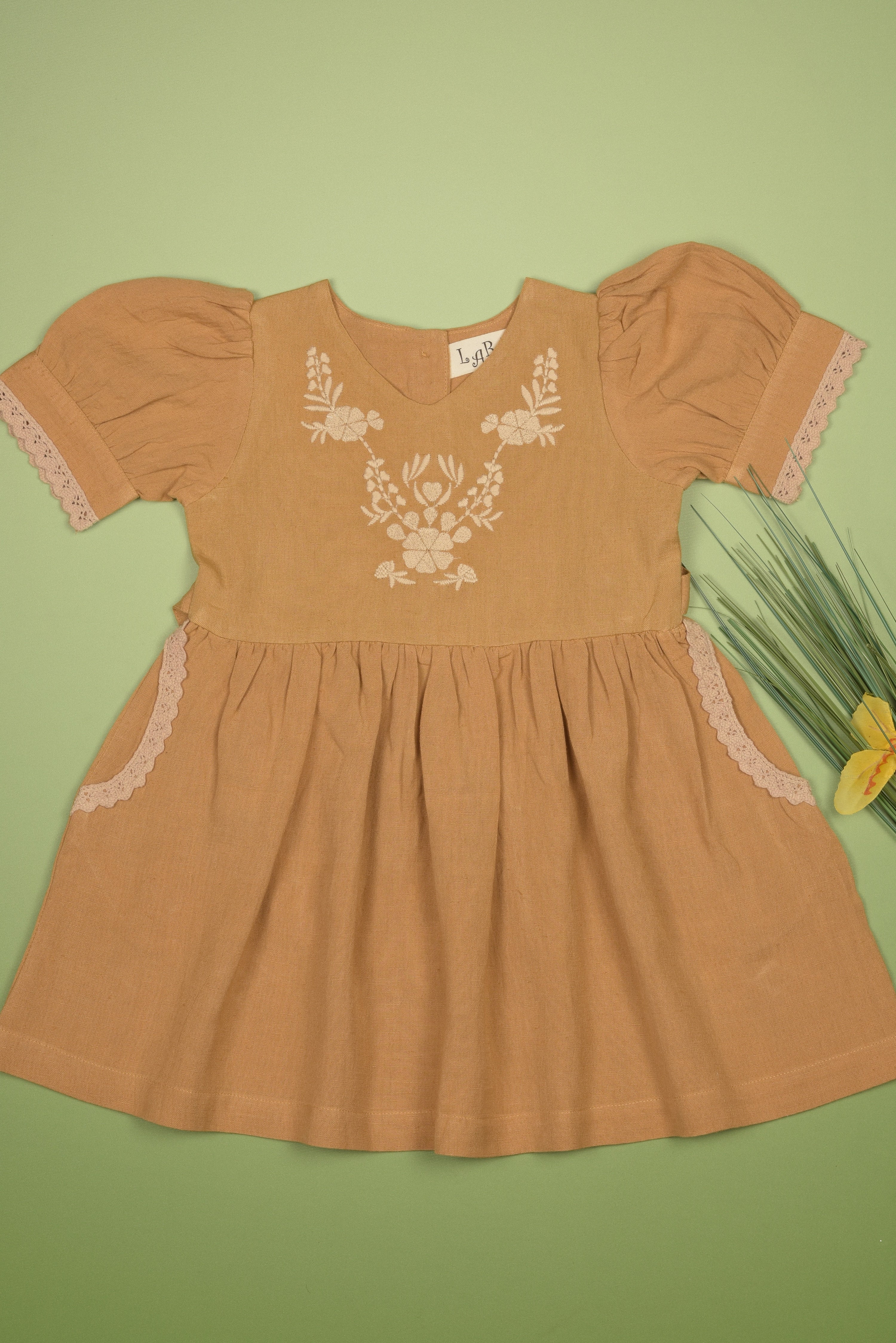 Embroidered yoke with Puff Sleeves in - Dress photo