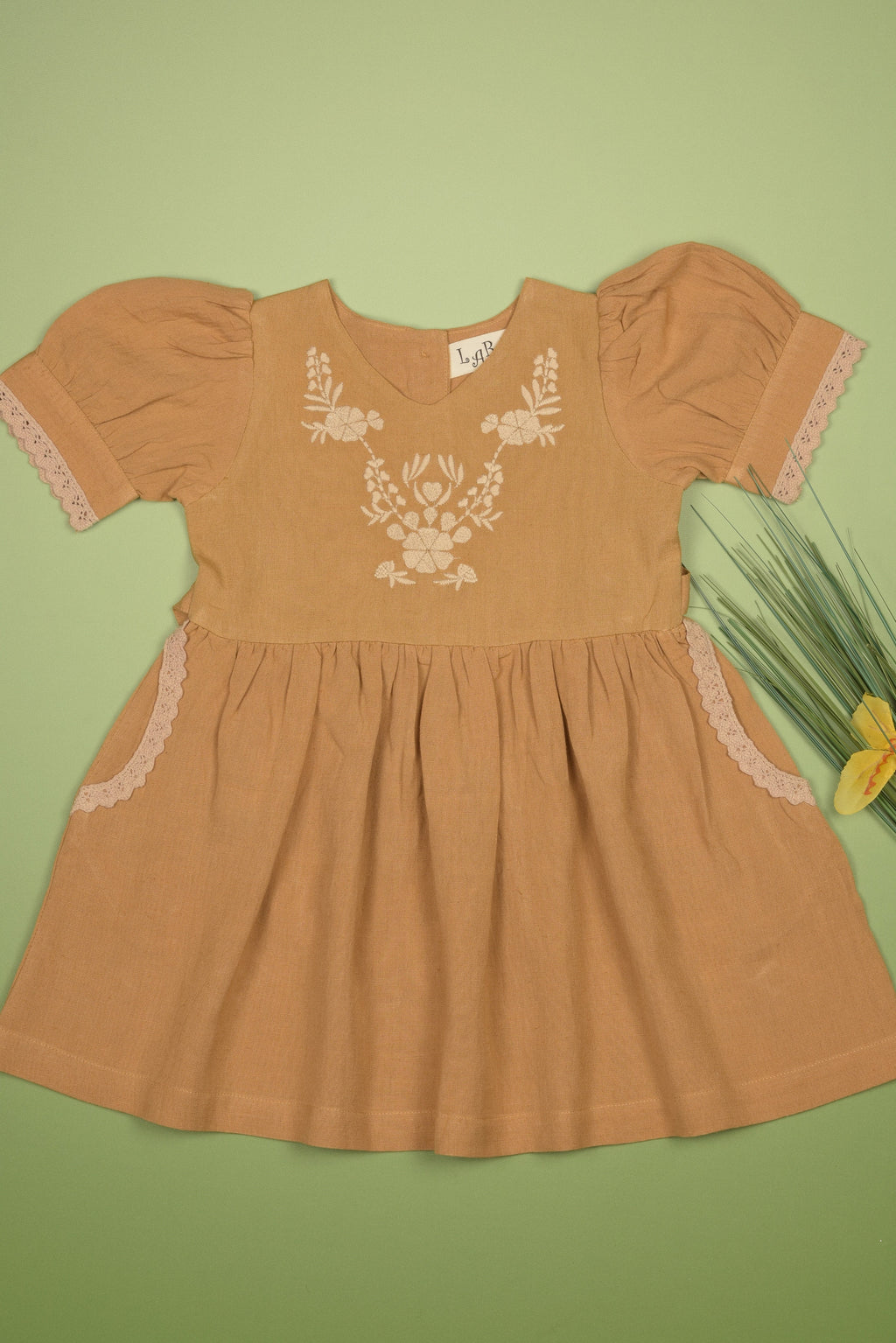 Embroidered yoke with Puff Sleeves in - Dress photo